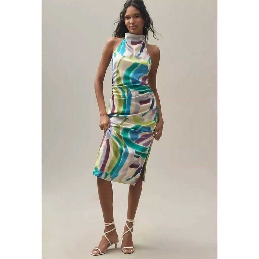 Anthropologie BHLDN Simone Printed Halter Midi Dress Ruched XL